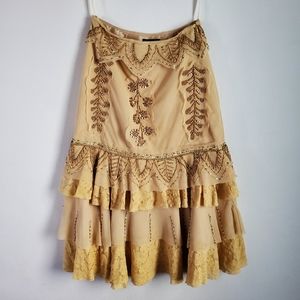 Basil & Maude Anthropologie Beaded Lace Tulle Midi Skirt Womens M Neutral Boho